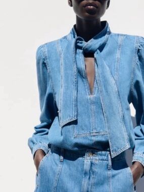 Zara tied denim blouse NWT